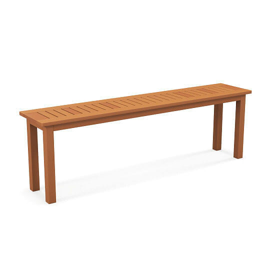 59-inch wooden outdoor patio bench with teak oil finish and slatted backless seat design