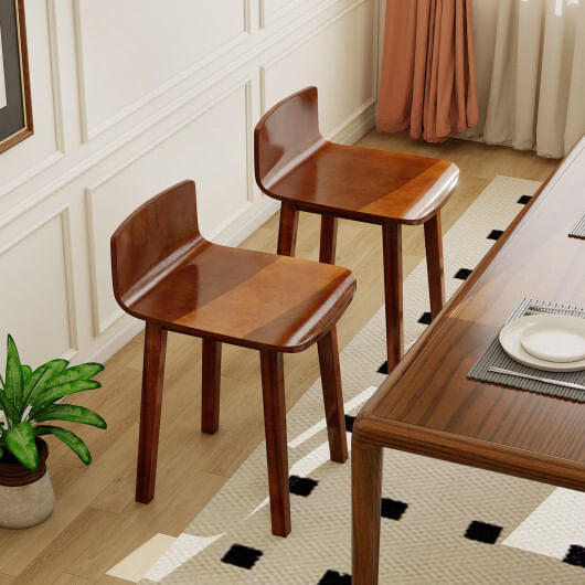 Set of two natural acacia wood mid-century modern armless dining chairs with curved low backrests