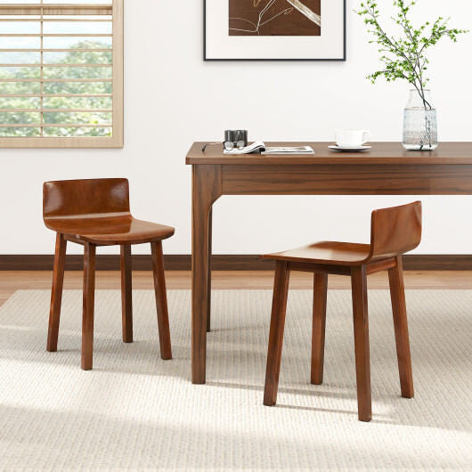 Set of two natural acacia wood mid-century modern armless dining chairs with curved low backrests — view 2