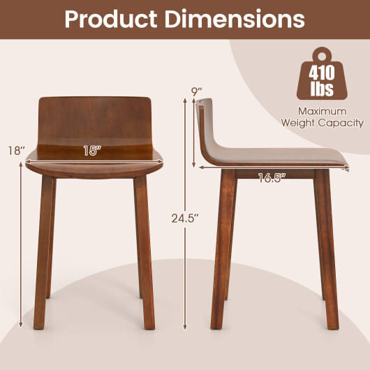 Set of two natural acacia wood mid-century modern armless dining chairs with curved low backrests — view 3