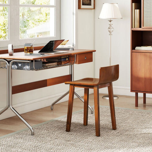 Set of two natural acacia wood mid-century modern armless dining chairs with curved low backrests — view 4