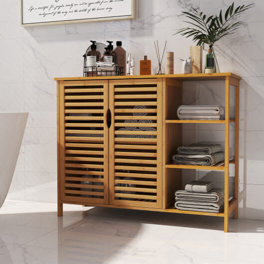 Natural bamboo bathroom cabinet with two doors and open shelves on a white background — view 2
