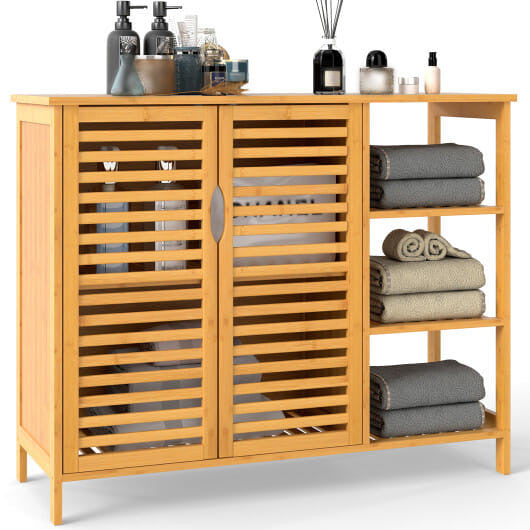 Natural bamboo bathroom cabinet with two doors and open shelves on a white background — view 3