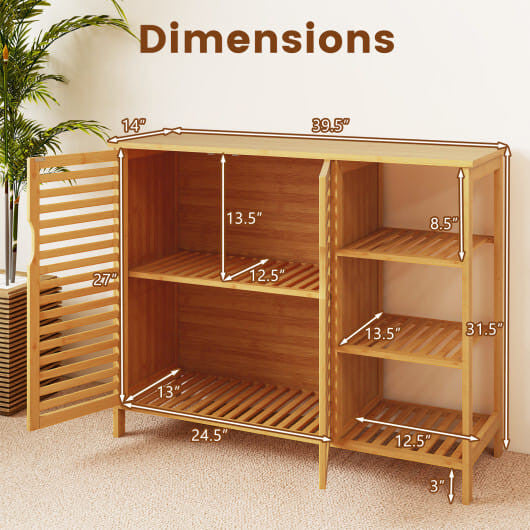 Natural bamboo bathroom cabinet with two doors and open shelves on a white background — view 4