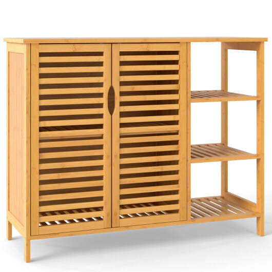 Natural bamboo bathroom cabinet with two doors and open shelves on a white background — view 5