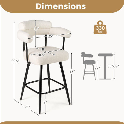 White boucle swivel bar stools set of 2 with curved backrest and heavy duty metal frame — view 3