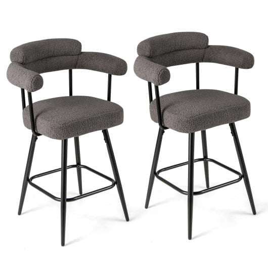 Two white boucle swivel bar stools with curved backs, armrests, and metal frames — view 5