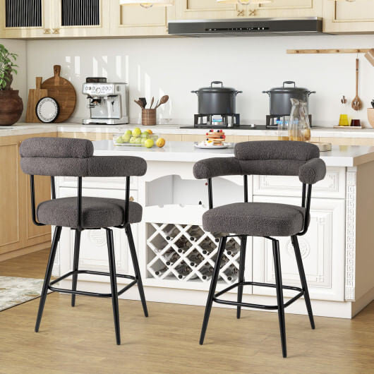Two white boucle swivel bar stools with curved backs, armrests, and metal frames — view 6