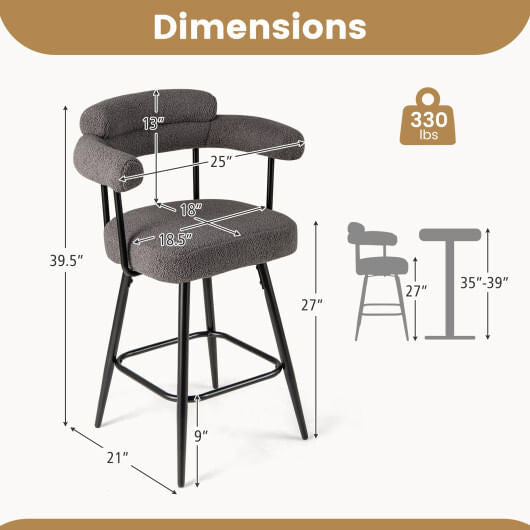 White boucle swivel bar stools set of 2 with curved backrest and heavy duty metal frame — view 8