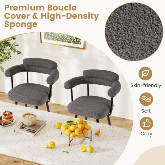 Two white boucle swivel bar stools with curved backs, armrests, and metal frames — view 9