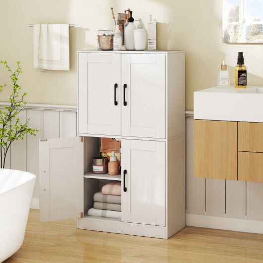 White 43.5 inch freestanding bathroom storage cabinet with double doors and adjustable interior shelves — view 7