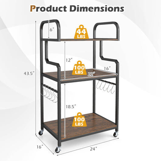 3-Tier Rolling Printer Stand Home Office Large Printer Cart with Storage Shelves-Rustic Brown