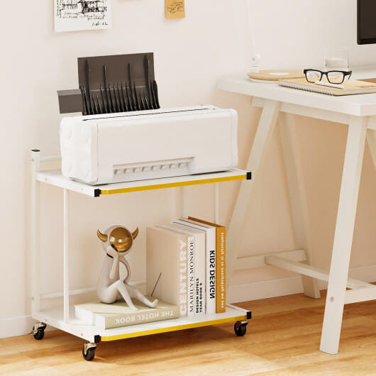 White two-tier mobile side table with golden trim, open shelves, and rolling casters