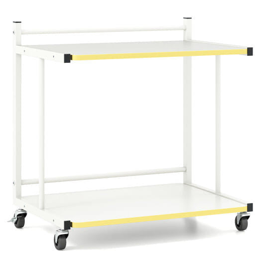 White two-tier mobile side table with golden trim, open shelves, and rolling casters — view 3