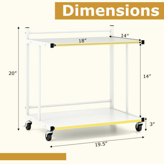 White two-tier mobile side table with golden trim, open shelves, and rolling casters — view 4