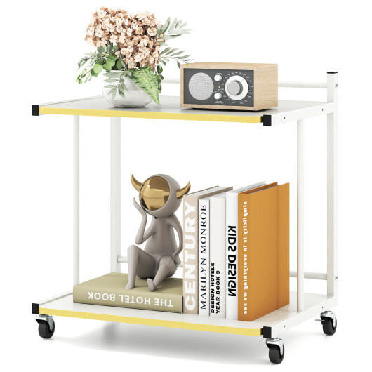White two-tier mobile side table with golden trim, open shelves, and rolling casters — view 5