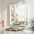 White wall-mounted bathroom cabinet with single mirrored door and an open bottom storage shelf