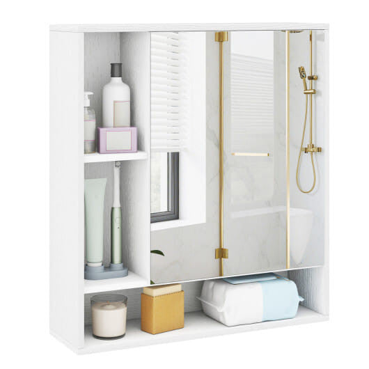 White wall-mounted bathroom cabinet with single mirrored door and an open bottom storage shelf — view 2