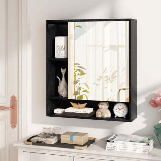 White wall-mounted bathroom cabinet with single mirrored door and an open bottom storage shelf — view 3