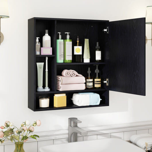 White wall-mounted bathroom cabinet with single mirrored door and an open bottom storage shelf — view 4