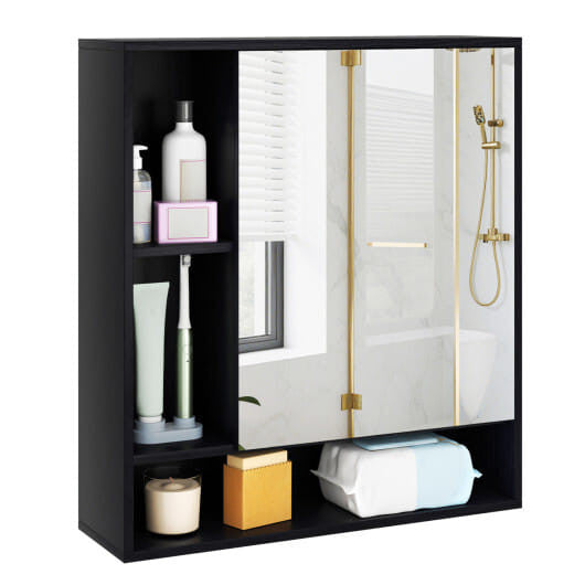 White wall-mounted bathroom cabinet with single mirrored door and an open bottom storage shelf — view 5