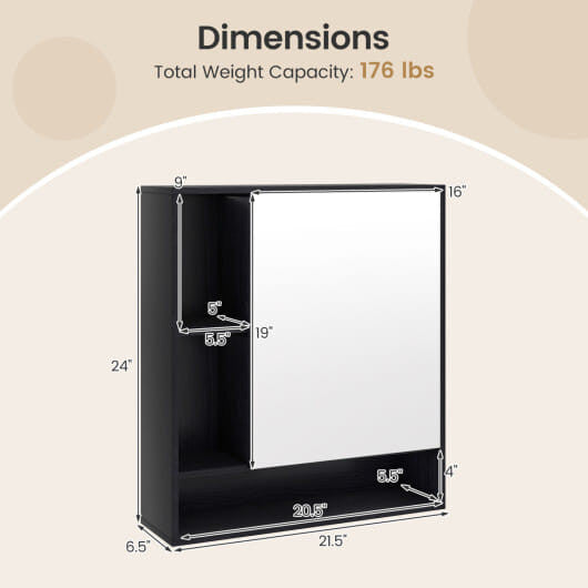 White wall-mounted bathroom cabinet with single mirrored door and an open bottom storage shelf — view 6