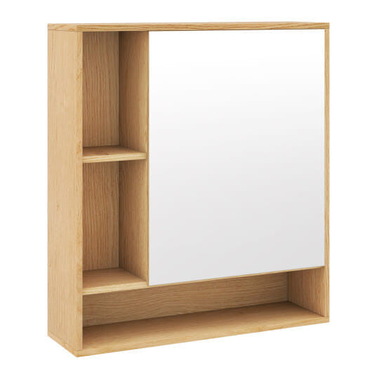 White wall-mounted bathroom cabinet with single mirrored door and an open bottom storage shelf — view 7