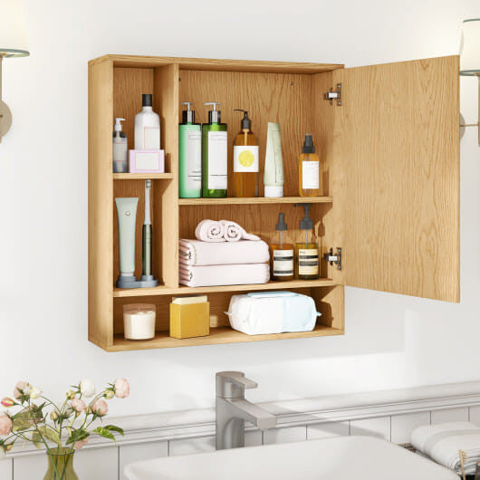 White wall-mounted bathroom cabinet with single mirrored door and an open bottom storage shelf — view 8