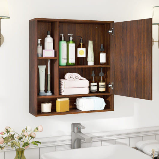 White wall-mounted bathroom cabinet with single mirrored door and an open bottom storage shelf — view 9