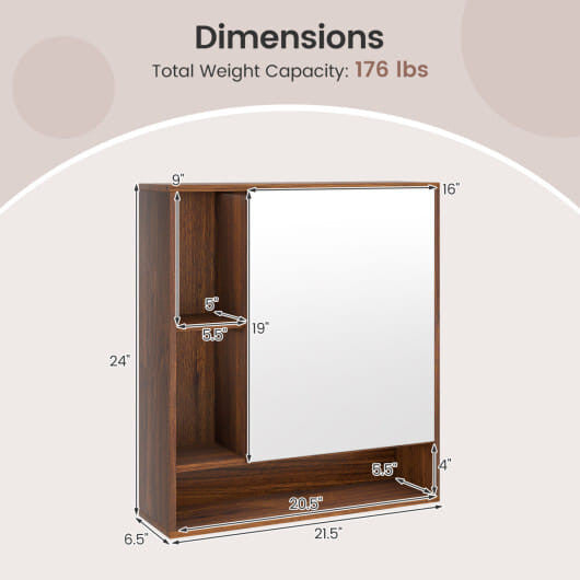 White wall-mounted bathroom cabinet with single mirrored door and an open bottom storage shelf — view 10