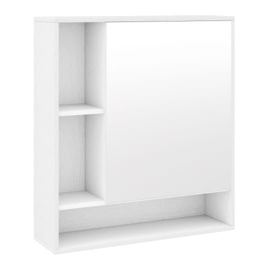 White wall-mounted bathroom cabinet with single mirrored door and an open bottom storage shelf — view 11