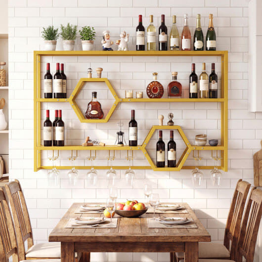 47-inch gold wall mounted wine rack and floating bar shelf with built-in stemware glass holder