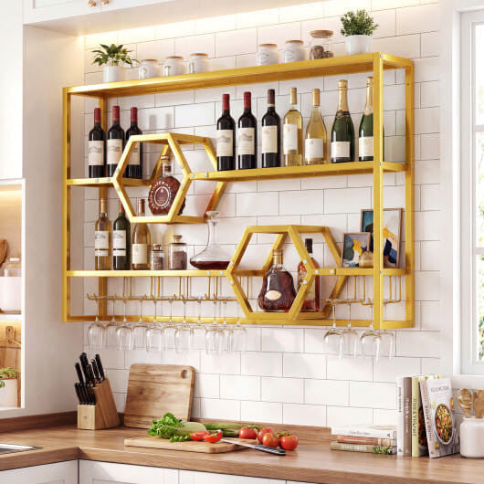 47-inch gold wall mounted wine rack and floating bar shelf with built-in stemware glass holder — view 2