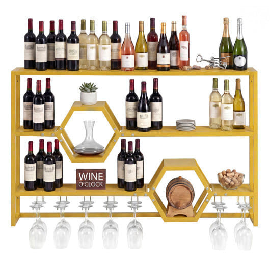 47-inch gold wall mounted wine rack and floating bar shelf with built-in stemware glass holder — view 3