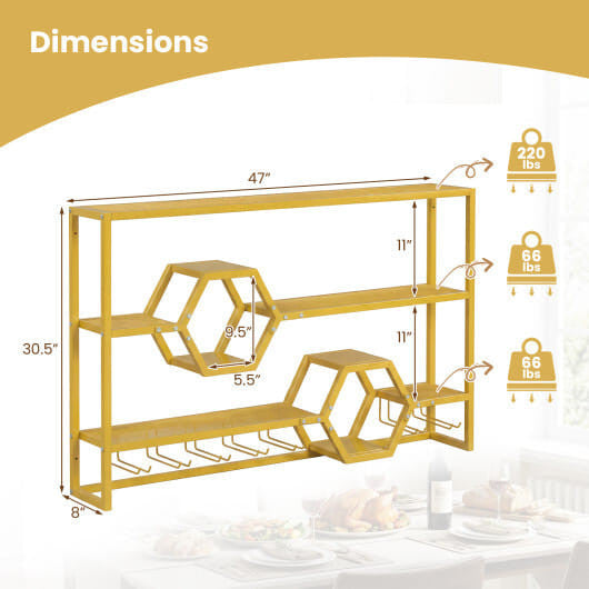 47-inch gold wall mounted wine rack and floating bar shelf with built-in stemware glass holder — view 4