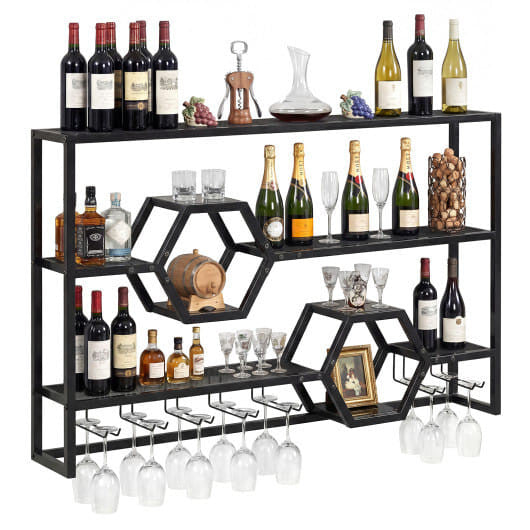47-inch gold wall mounted wine rack and floating bar shelf with built-in stemware glass holder — view 5