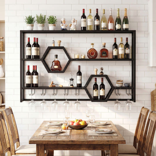47-inch gold wall mounted wine rack and floating bar shelf with built-in stemware glass holder — view 6