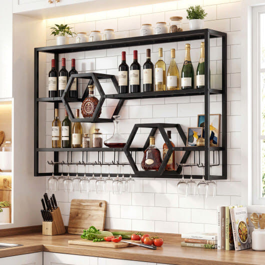 47-inch gold wall mounted wine rack and floating bar shelf with built-in stemware glass holder — view 7
