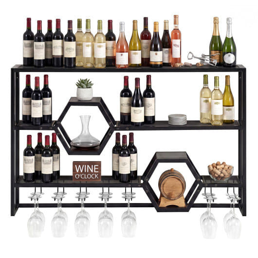 47-inch gold wall mounted wine rack and floating bar shelf with built-in stemware glass holder — view 8