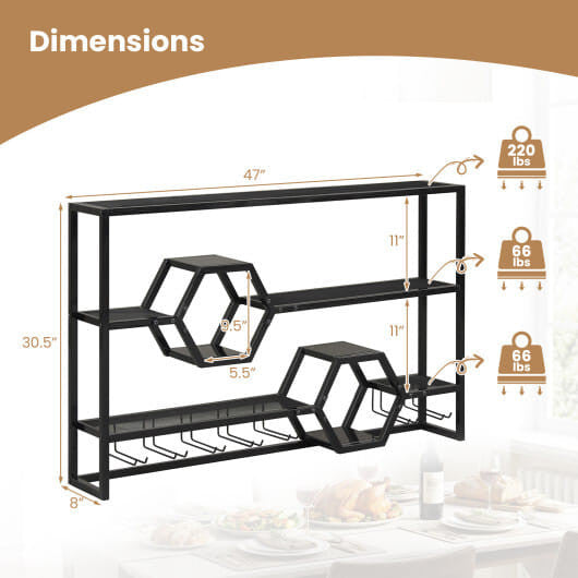 47-inch gold wall mounted wine rack and floating bar shelf with built-in stemware glass holder — view 9