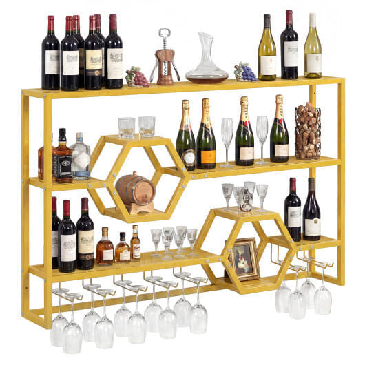 47-inch gold wall mounted wine rack and floating bar shelf with built-in stemware glass holder — view 10