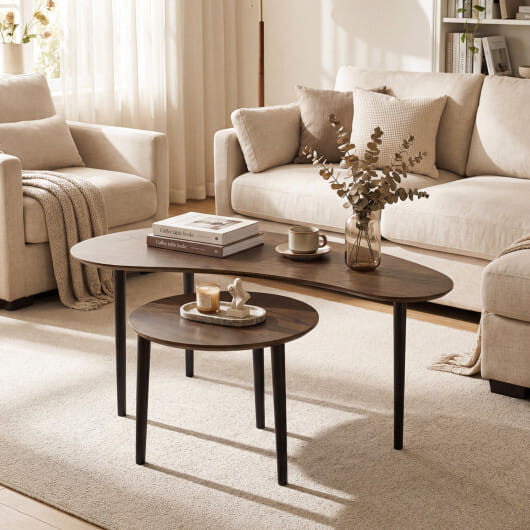 Two mid century walnut finish nesting tables with rounded edges and solid rubber wood legs — view 2