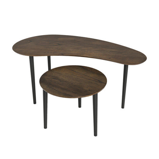 Two mid century walnut finish nesting tables with rounded edges and solid rubber wood legs — view 3