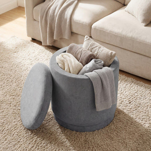 Round storage ottoman in gray chenille fabric with removable lid and solid acacia wood base — view 2