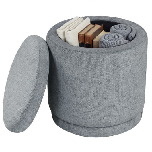 Round storage ottoman in gray chenille fabric with removable lid and solid acacia wood base — view 3