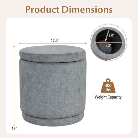 Round storage ottoman in gray chenille fabric with removable lid and solid acacia wood base — view 4