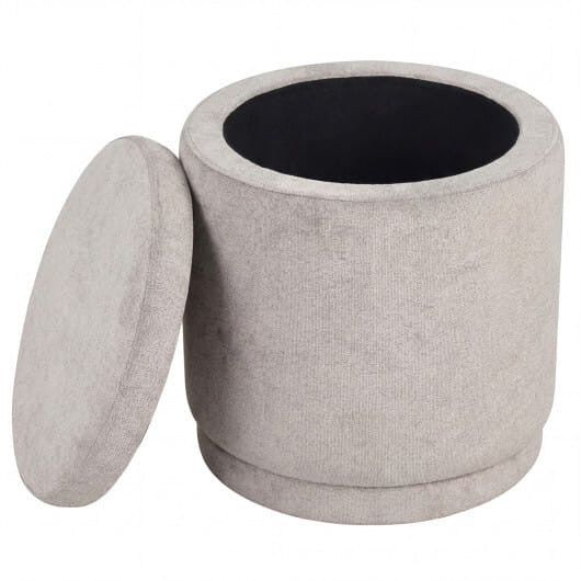 Round storage ottoman in gray chenille fabric with removable lid and solid acacia wood base — view 5