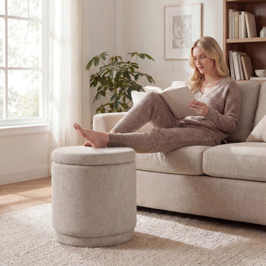 Round storage ottoman in gray chenille fabric with removable lid and solid acacia wood base — view 6