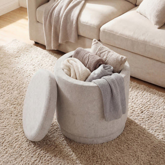Round storage ottoman in gray chenille fabric with removable lid and solid acacia wood base — view 7