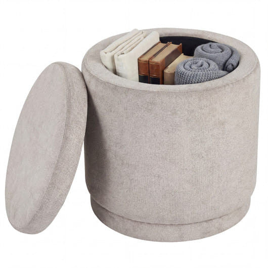 Round storage ottoman in gray chenille fabric with removable lid and solid acacia wood base — view 8